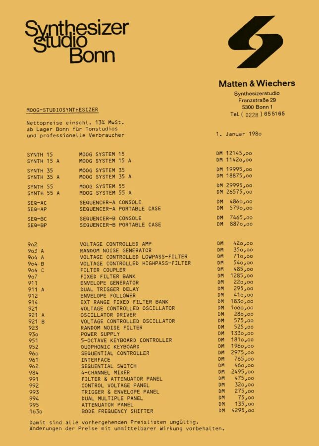 Preisliste Synthesizer - Moog 1980 - also im Ende der Angebotsphase für die Modulsysteme.