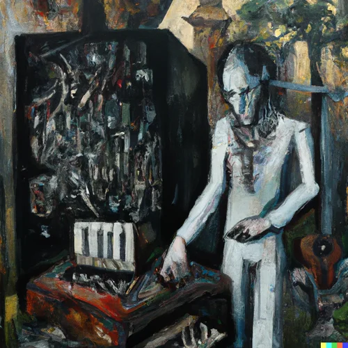 DALL·E 2022-08-26 12.38.46 - painting from picasso  of a musician with modular synthesizer em...webp