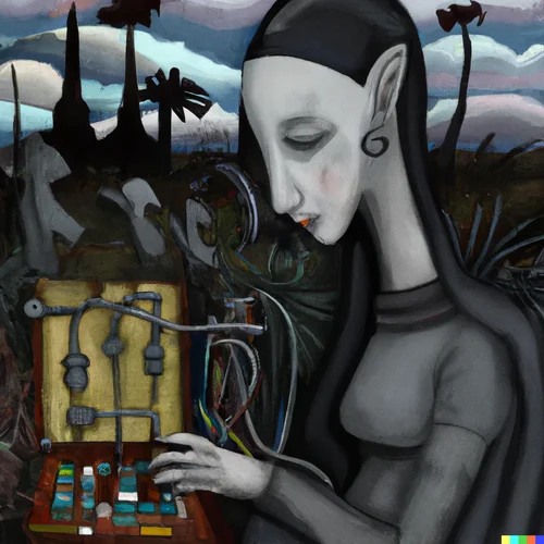 DALL·E 2022-08-26 12.38.53 - painting from picasso  of a musician with modular synthesizer em...webp
