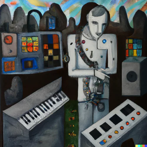 DALL·E 2022-08-26 12.38.39 - painting from picasso  of a musician with modular synthesizer em...webp