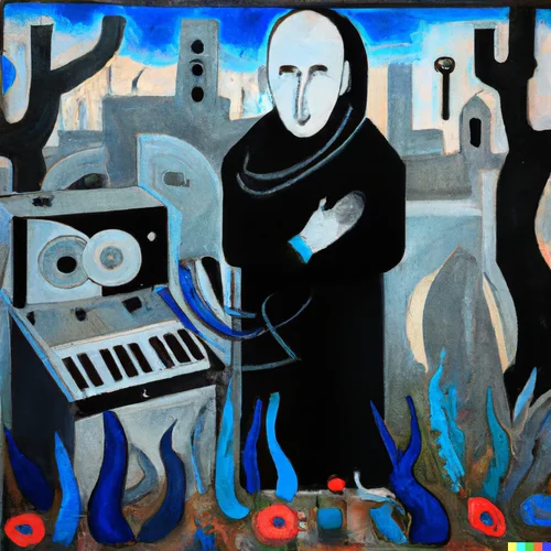 DALL·E 2022-08-26 12.38.59 - painting from picasso  of a musician with modular synthesizer em...webp