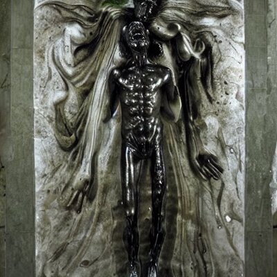 a monument made of marble showing God dying of an overdose heroin, his fearful soul descending...jpg