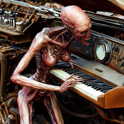a model morphed with an alien showing a lot of skin, playing a keyboard-synthesizer, built int...jpg