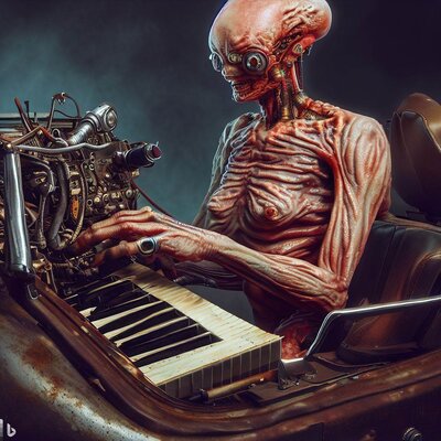 a model morphed with an alien showing a lot of skin, playing a keyboard-synthesizer, built int...jpg