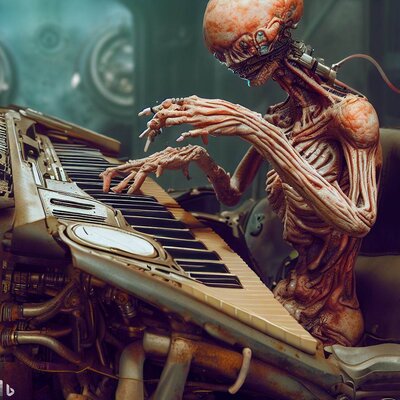 a model morphed with an alien showing a lot of skin, playing a keyboard-synthesizer, built int...jpg