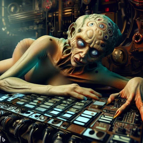 a model morphed with an alien, showing some skin, lying on a hyperdimensional keyboard-synthes...jpg