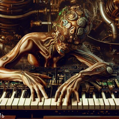 a model morphed with an alien, showing some skin, lying on a hyperdimensional keyboard-synthes...jpg