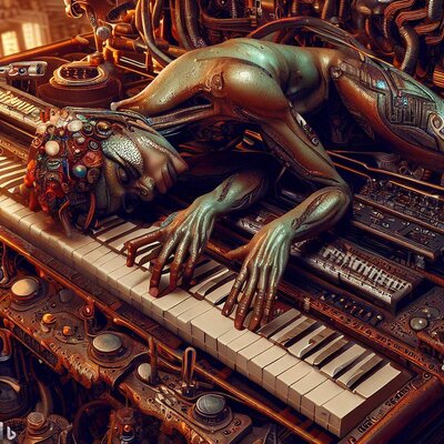 a model morphed with an alien, showing some skin, lying on a hyperdimensional keyboard-synthes...jpg