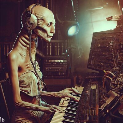 an alien morphed with a model, playing synthesizer in a postapocalyptic studio, steampunk-styl...jpg