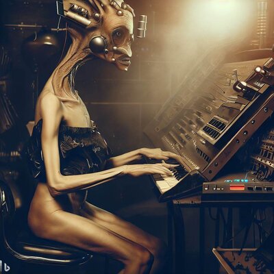 an alien morphed with a model, playing synthesizer in a postapocalyptic studio, steampunk-styl...jpg