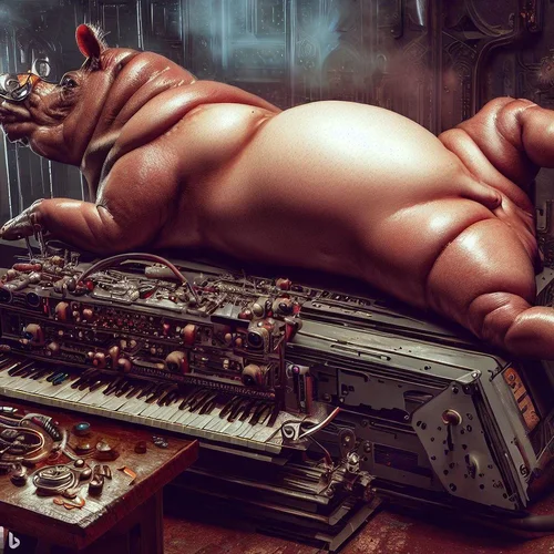a well fed model morphed with a hippo, showing some skin, lying with bottom in the air on a h...webp