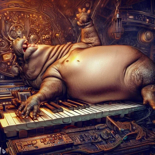 a well fed model morphed with a hippo, showing some skin, lying with bottom in the air on a h...webp