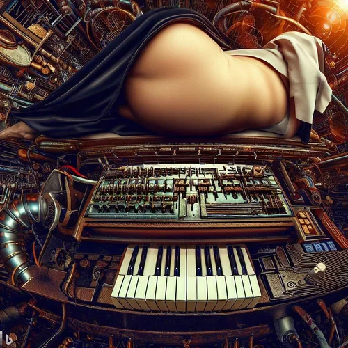 a well fed model morphed with a nun, showing some skin, lying with bottom in the air on a hyp...webp