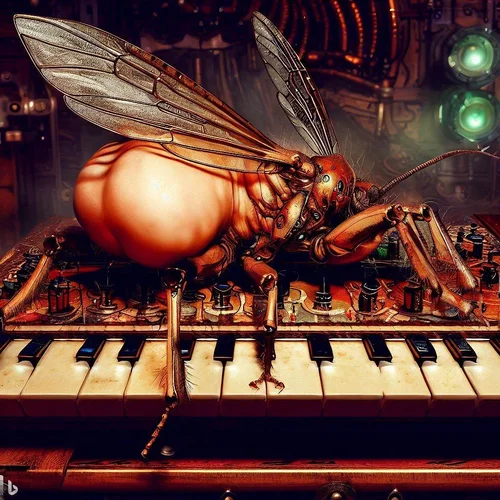 a well fed model morphed with an insect, showing some skin, lying with bottom in the air on a...webp