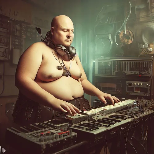 a well fed model, showing a lot of skin, playing synthesizer in a postapocalyptic studio, ste...webp