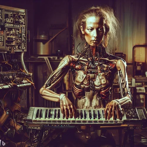 a cyborg morphed with a model, showing a lot of skin, playing synthesizer in a postapocalypti...webp