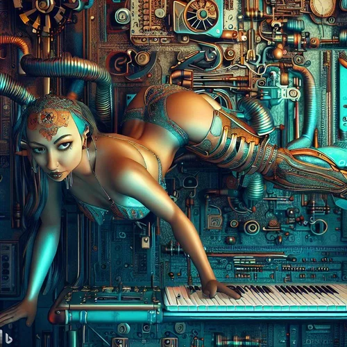 a female swimmer, showing some skin, lying with bottom in the air on a hyperdimensional keybo...webp