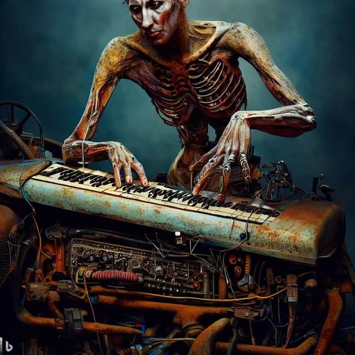 a model morphed with an alien showing a lot of skin, playing a keyboard-synthesizer, built in...webp