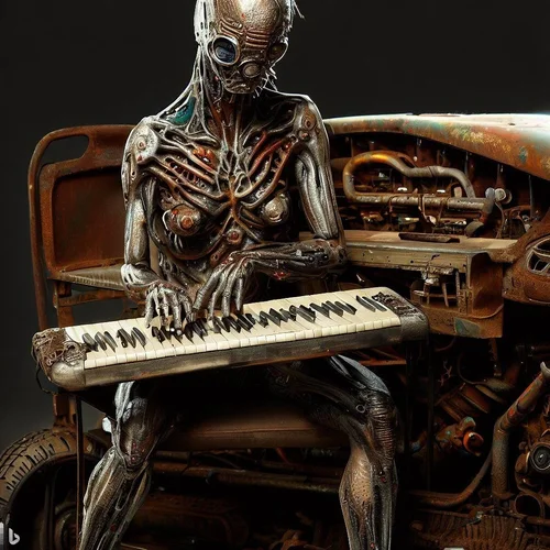 a model morphed with an alien showing a lot of skin, playing a keyboard-synthesizer, built in...webp