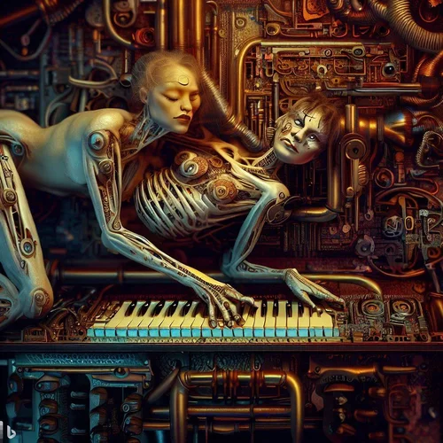 a model morphed with an alien, showing some skin, lying with bottom in the air on a hyperdime...webp