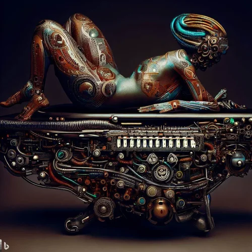 a model morphed with an alien, showing some skin, lying with bottom in the air on a hyperdime...webp