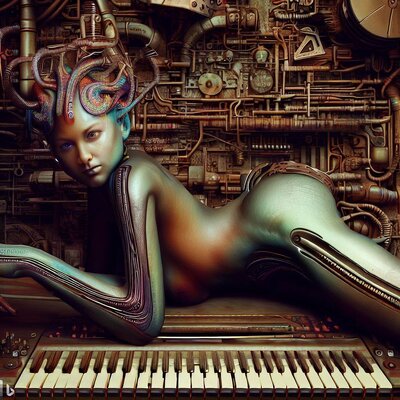 a model morphed with an alien, showing some skin, lying with bottom in the air on a hyperdimen...jpg