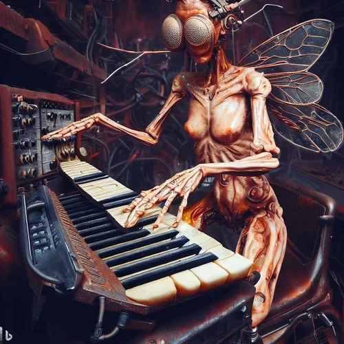 a model morphed with an insect showing a lot of skin, playing a keyboard-synthesizer, built i...webp