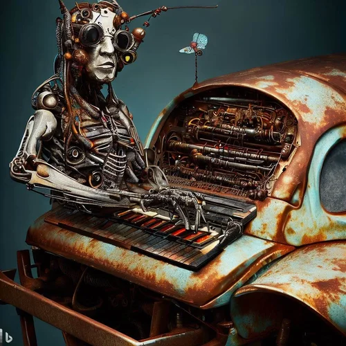 a model morphed with an insect showing a lot of skin, playing a keyboard-synthesizer, built i...webp