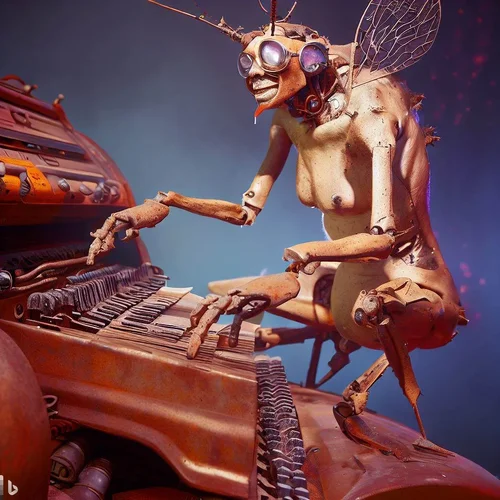 a model morphed with an insect showing some skin, playing a keyboard-synthesizer, built into ...webp