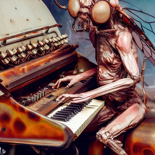 a model morphed with an insect showing some skin, playing a keyboard-synthesizer, built into ...webp