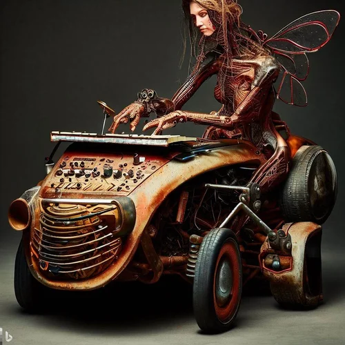 a model morphed with an insect showing some skin, playing a keyboard-synthesizer, built into ...webp