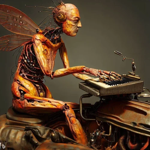 a model morphed with an insect showing some skin, playing a keyboard-synthesizer, built into ...webp