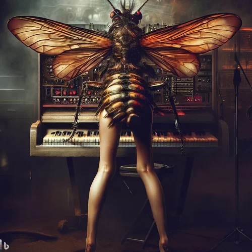 a model morphed with an instect, showing her bottom in an apocalyptic studio with a keyboard ...webp
