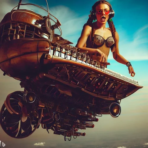 a model showing a lot of skin, playing a keyboard-synthesizer, built into a airship in steamp...webp