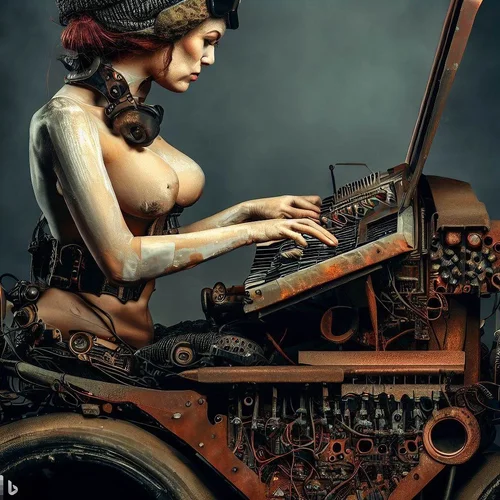 a model showing a lot of skin, playing a keyboard-synthesizer, built into a rusted oldtimer-c...webp