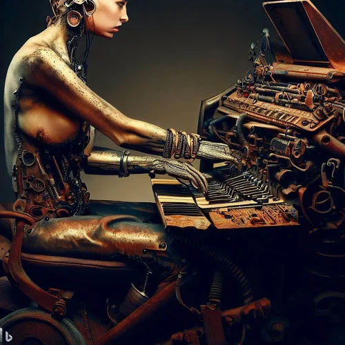 a model showing a lot of skin, playing a keyboard-synthesizer, built into a rusted oldtimer-c...webp