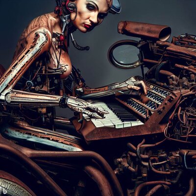 a model showing a lot of skin, playing a keyboard-synthesizer, built into a rusted oldtimer-ca...jpg