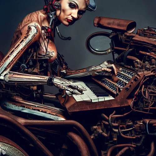 a model showing a lot of skin, playing a keyboard-synthesizer, built into a rusted oldtimer-c...webp