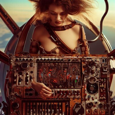 a model showing a lot of skin, playing a modular synthesizer, built into a airship in steampun...jpg