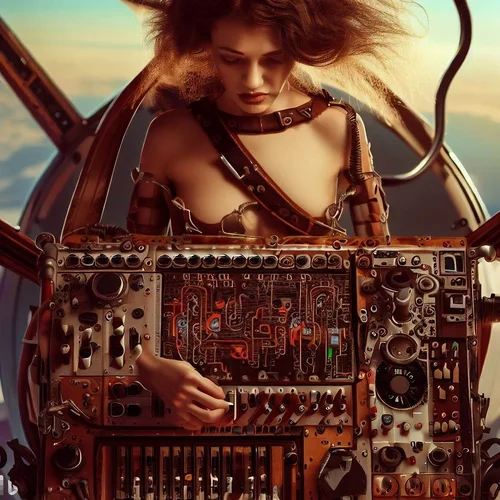a model showing a lot of skin, playing a modular synthesizer, built into a airship in steampu...webp