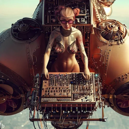 a model showing a lot of skin, playing a modular synthesizer, built into a airship in steampu...webp
