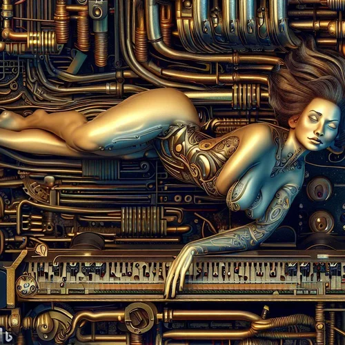 a well fed female swimmer, showing some skin, lying with bottom in the air on a hyperdimensio...webp