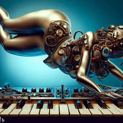 a well fed female swimmer, showing some skin, lying with bottom in the air on a hyperdimensio...webp