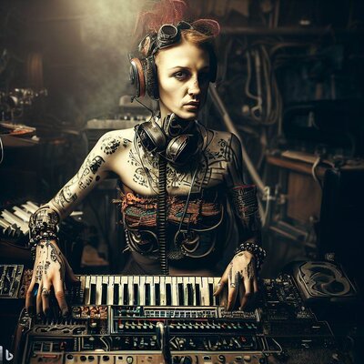 a well fed model, showing a lot of skin, playing synthesizer in a postapocalyptic studio, stea...jpg