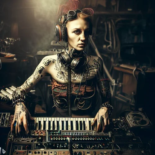 a well fed model, showing a lot of skin, playing synthesizer in a postapocalyptic studio, ste...webp