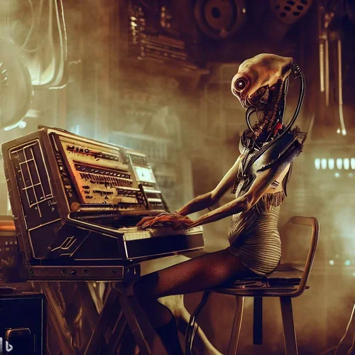 an alien morphed with a model, playing synthesizer in a postapocalyptic studio, steampunk-sty...webp