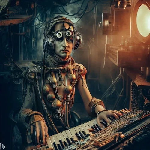 an alien morphed with a model, playing synthesizer in a postapocalyptic studio, steampunk-sty...webp
