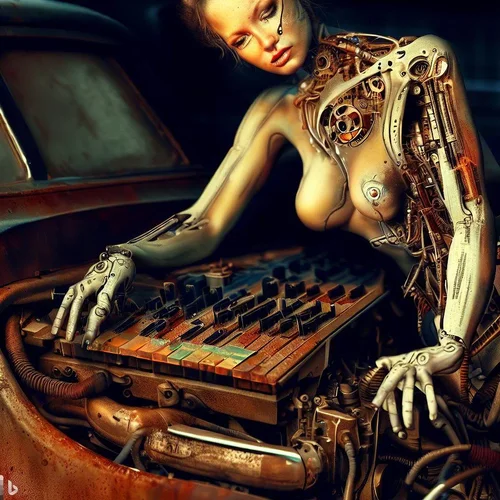an attractive female model morphed with a cyborg showing some skin, playing a keyboard-synthe...webp