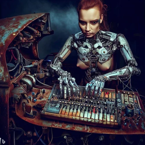 an attractive female model morphed with a cyborg showing some skin, playing a keyboard-synthe...webp