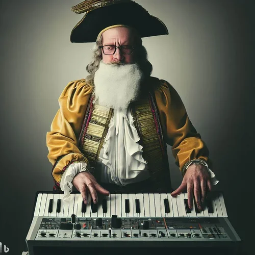 Friedrich der Große, funny mimics, playing a keyboard-synthesizer-1.webp